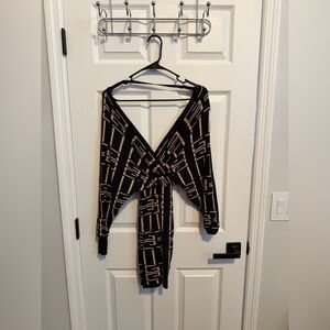 Black and Tan Geometric Wrap Top